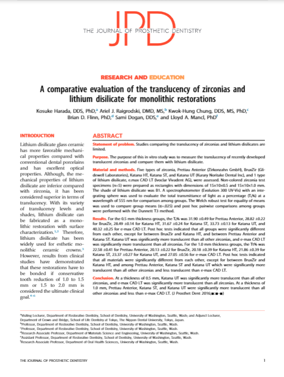A Comparative Evaluation of the Translucency of Zirconias and Lithium Disilicate for Monolithic Restorations at Aesthetic Restorative & Implant Dentistry Northwest