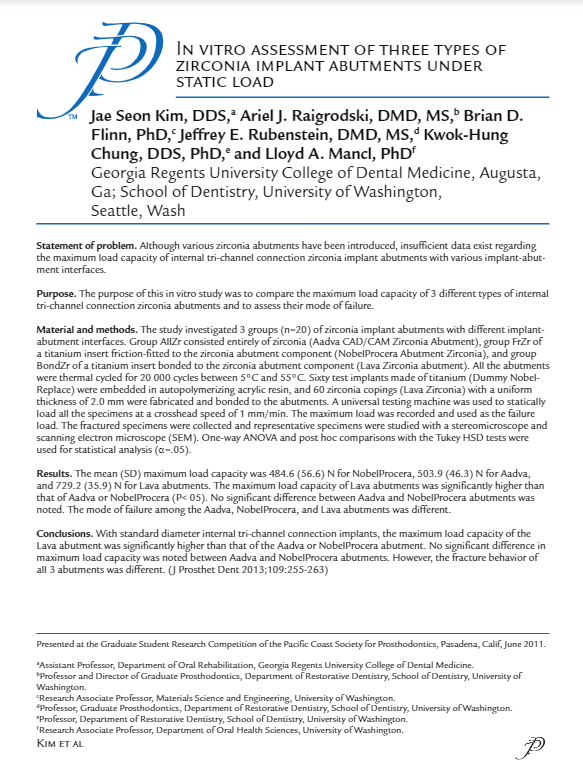 In Vitro Assessment of Three Types of Zirconia Implant Abutments Under Static Load at Aesthetic Restorative & Implant Dentistry Northwest